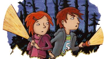 Illustration: Zwei verängstigte Kinder mit Taschenlampen bei einer Nachtwanderung im Wald.