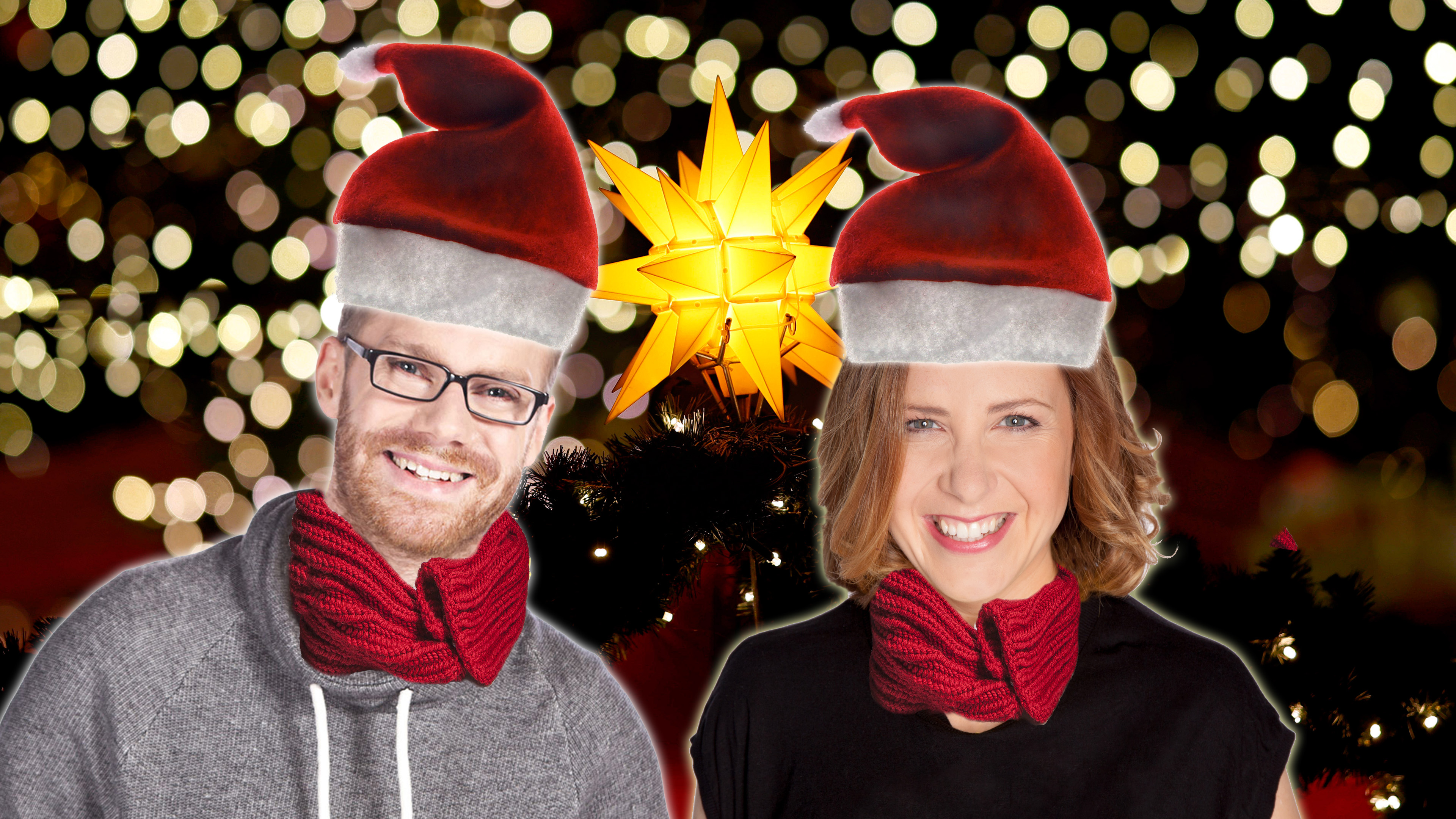 Bildmontage: Moderatoren Christian und Sarah mit Weihnachtsmannmützen im Hintergrund ein leuchtender Stern und eine Lichterkette