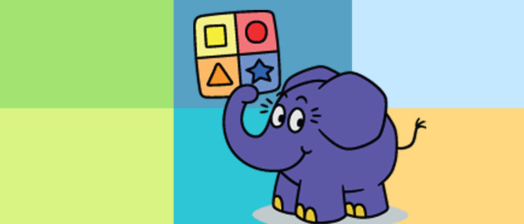 Logo Programmieren mit dem Elefanten: Elefant auf bunten Kästchen mit Rechentafel